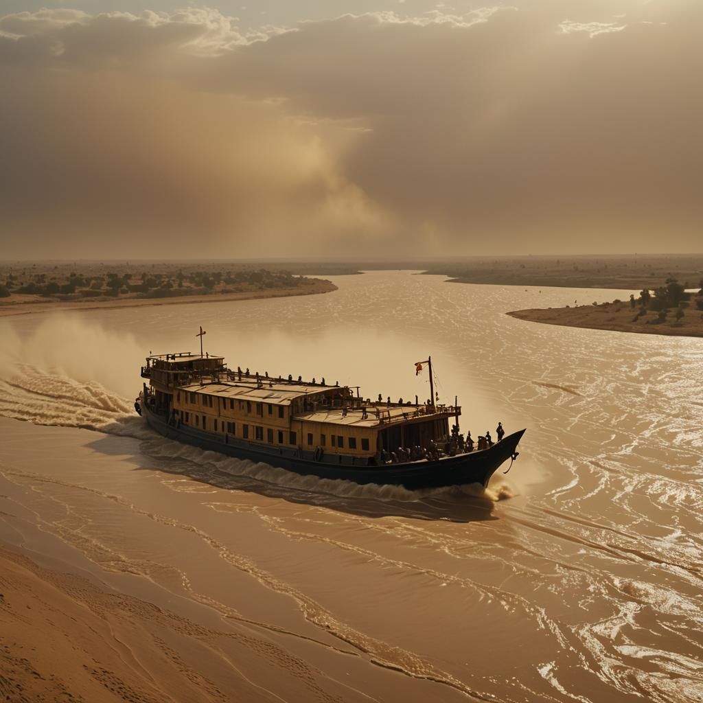 Ra's Barge Navigates Nile Sandstorm: Cinematic Film Still
