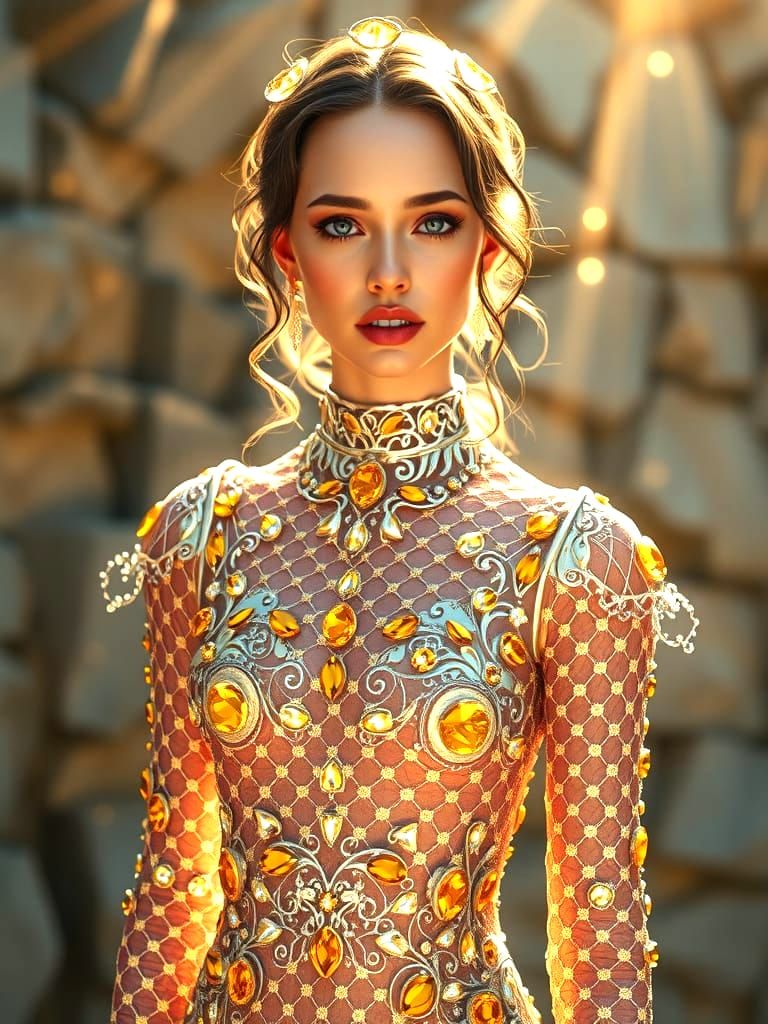 Bronzed Goddess in Silver Filigree Gown with Yellow Topaz