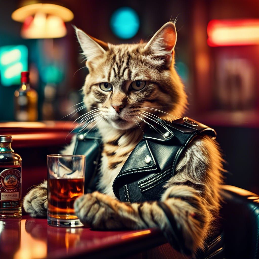 Biker Cat in Retro 80s Bar Portrait