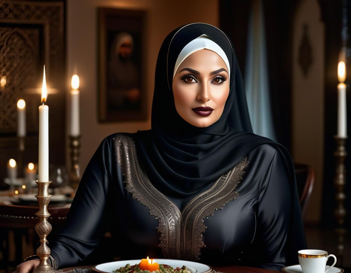 Elegant Arabian Woman in Dark Dining Room, Hyperrealistic