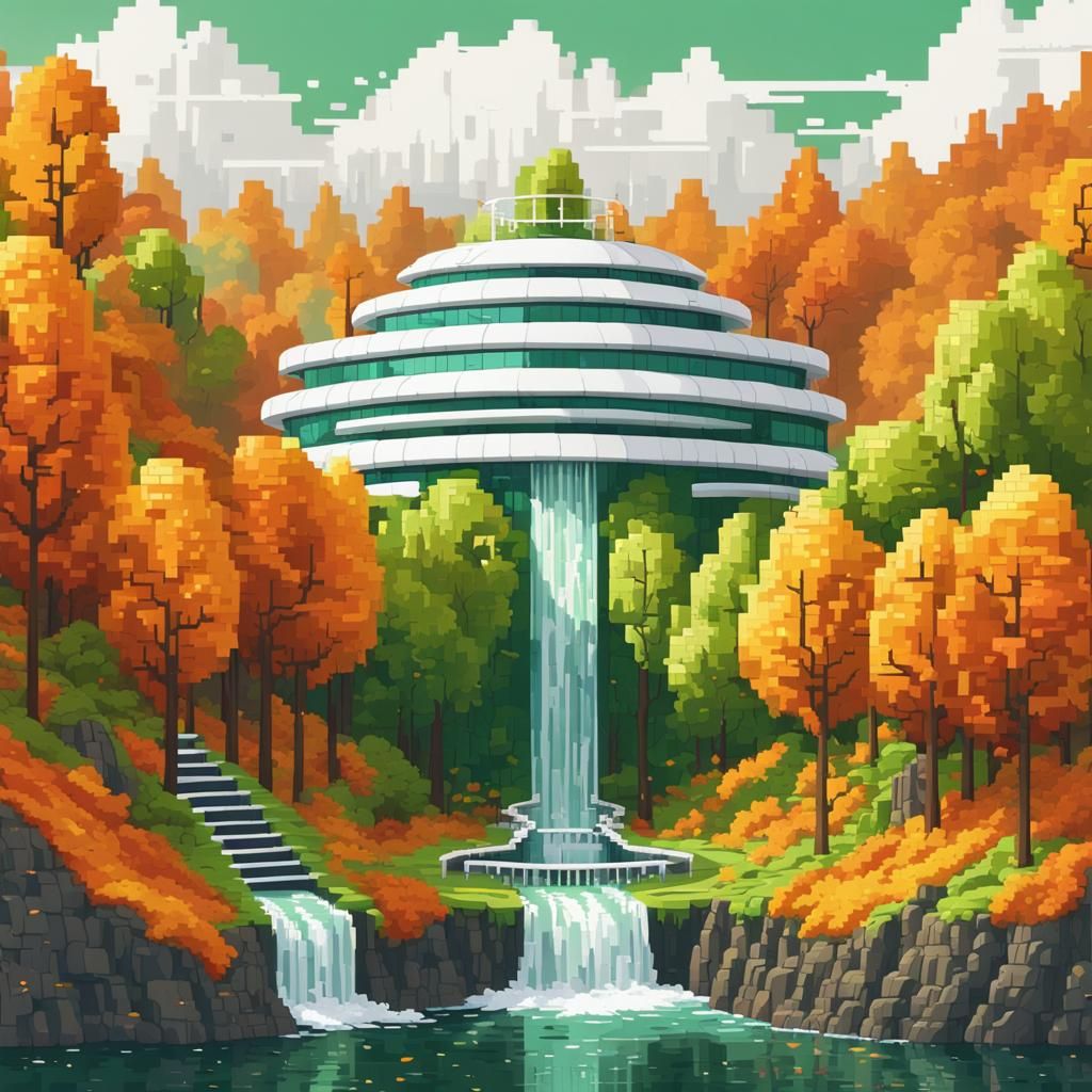 Futuristic Building on Waterfall in 8-bit Pixel Art