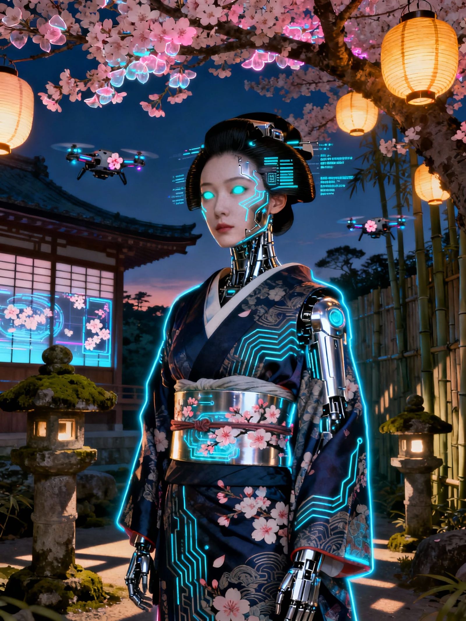 Cyborg Geisha Portrait in Cyberpunk Ukiyo-e Style