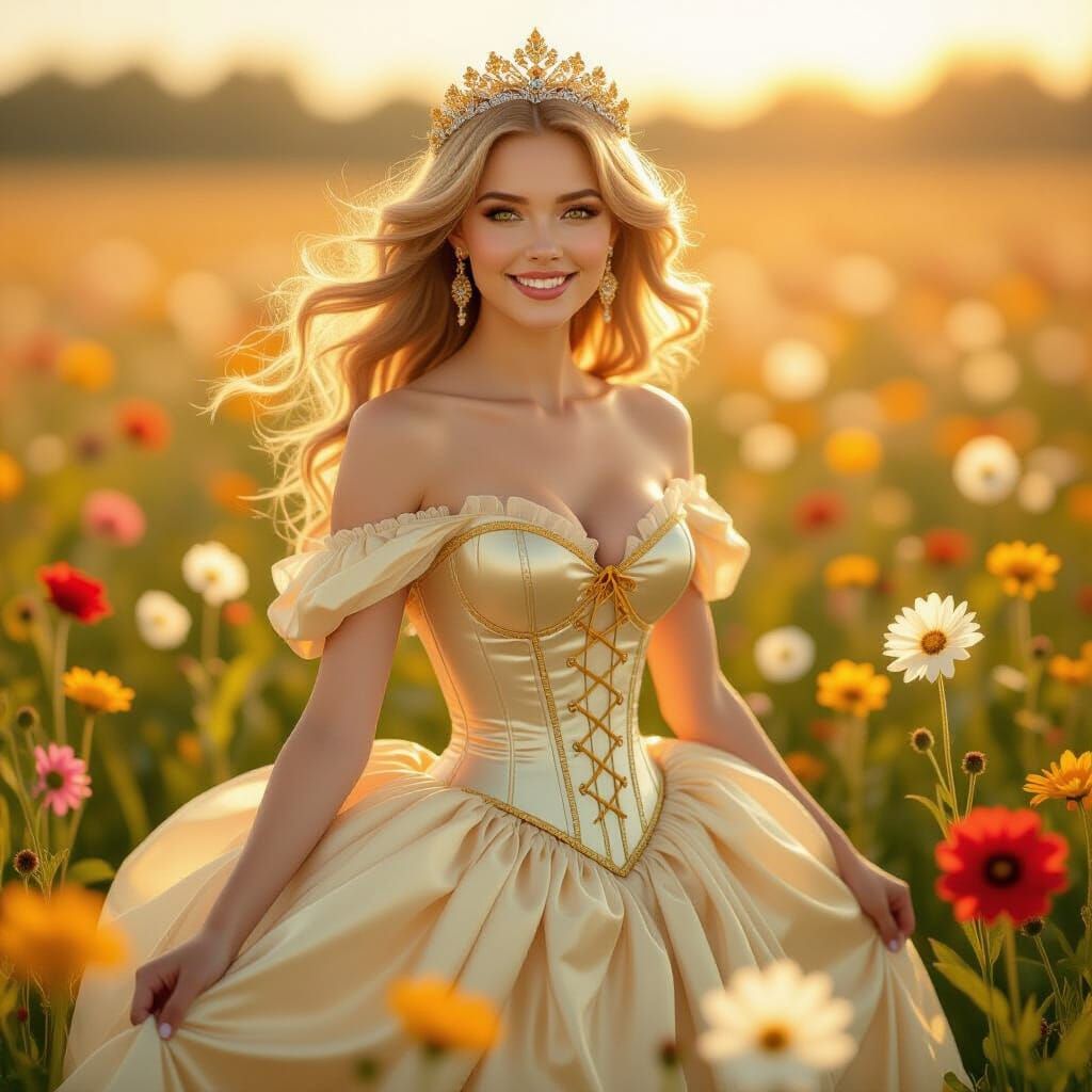 Golden Haired Princess in Latex Gown in Flower Field