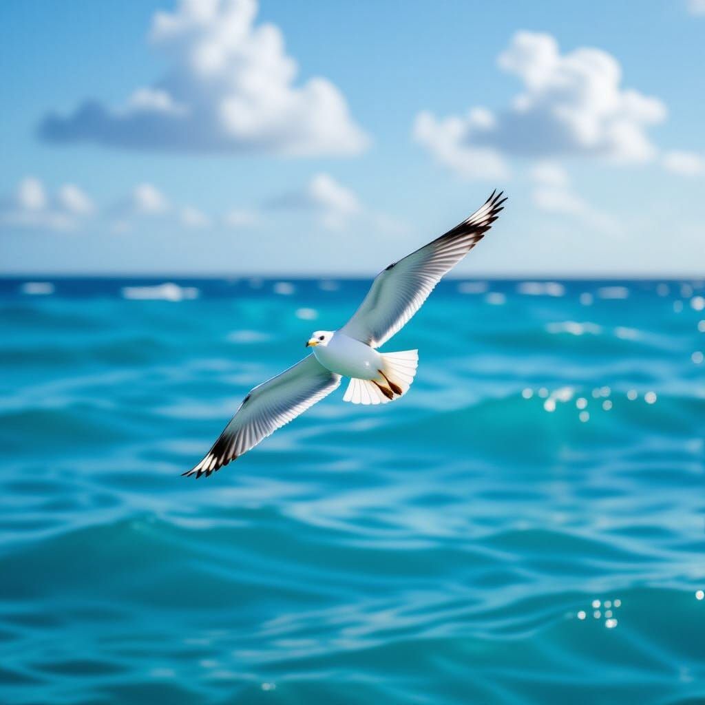 Seagull Soaring Above Turquoise Waves: Photorealistic Film S...