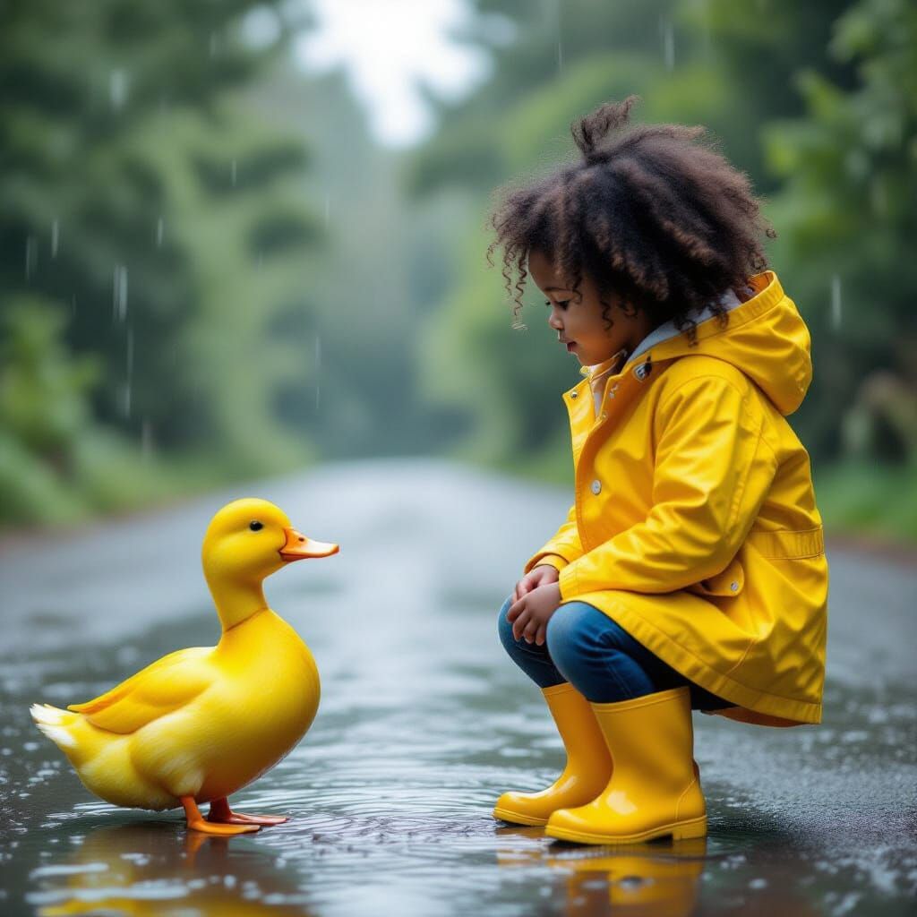 Girl in Yellow Raincoat Watching Duck in Rain