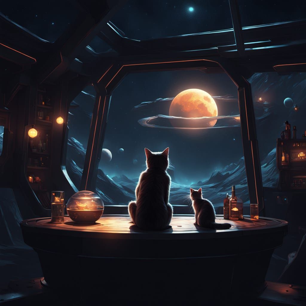 Man Meditating at Space Bar with Cat Watching Saturn