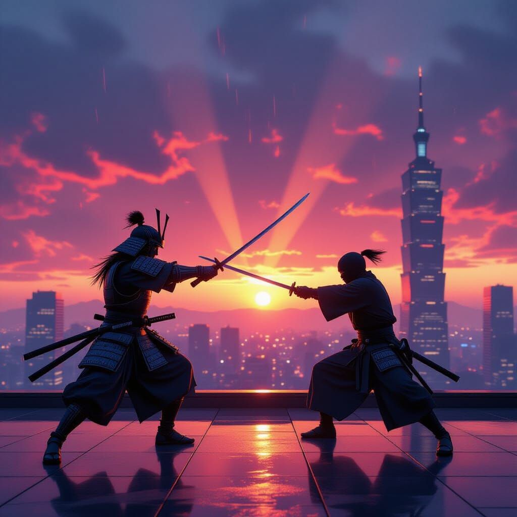 Samurai vs Ninja Duel on Futuristic Skyscraper at Sunset