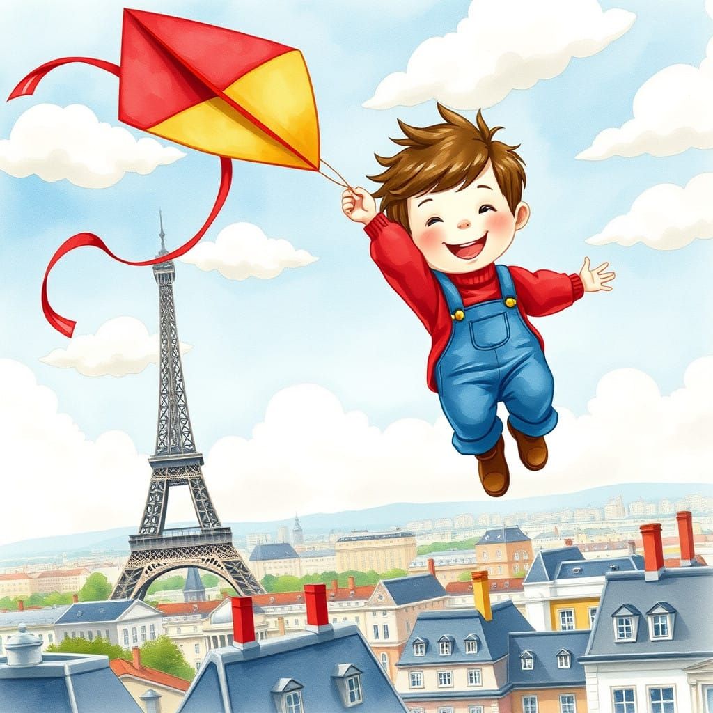 Joyful Boy Soars Above Paris in Whimsical Storybook Art