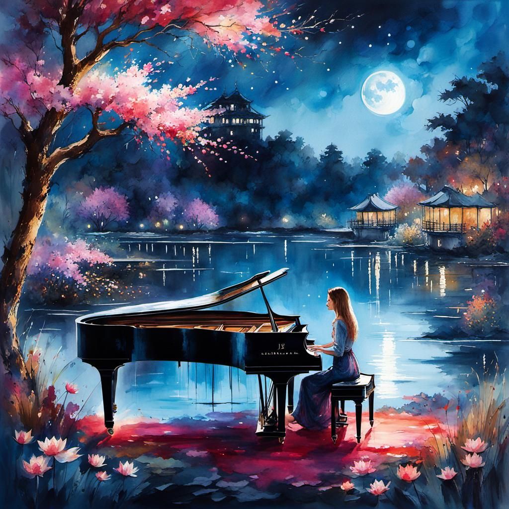 Pianist Plays Musical Note Piano by Lake