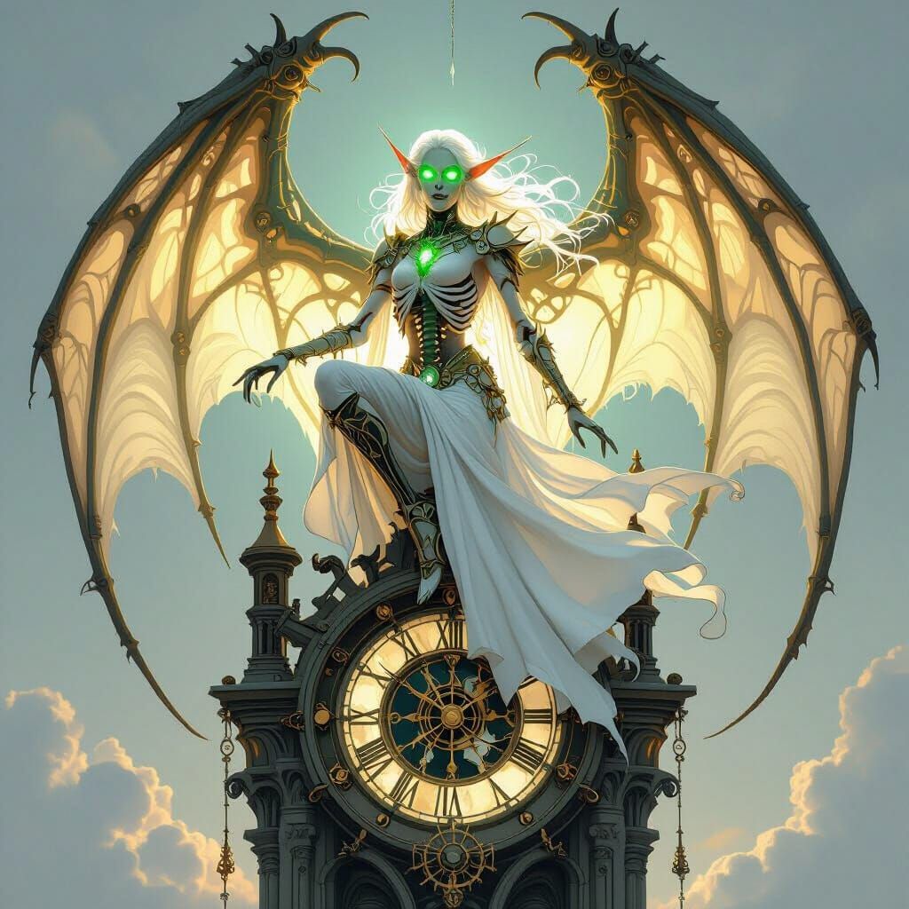 Elven Skeletal Dancer on Clock Tower in Art Nouveau Style
