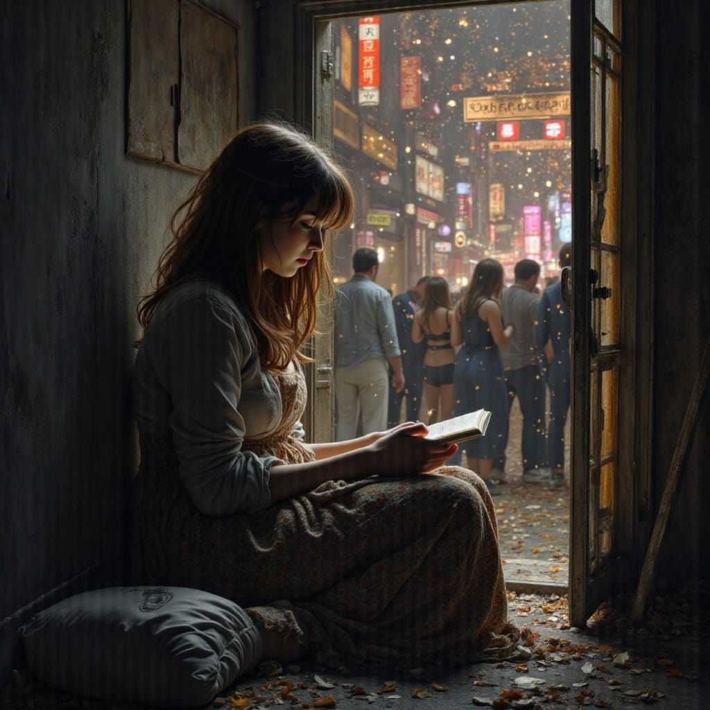 Solitary Reader in Neon City Contrasts Party Revelry