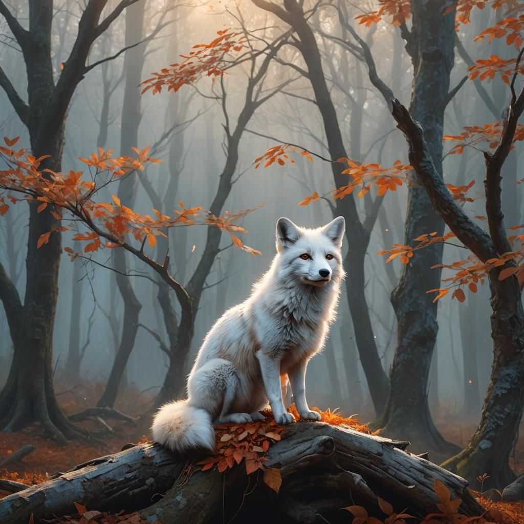 White Fox in Misty Forest: Fantasy Concept Art