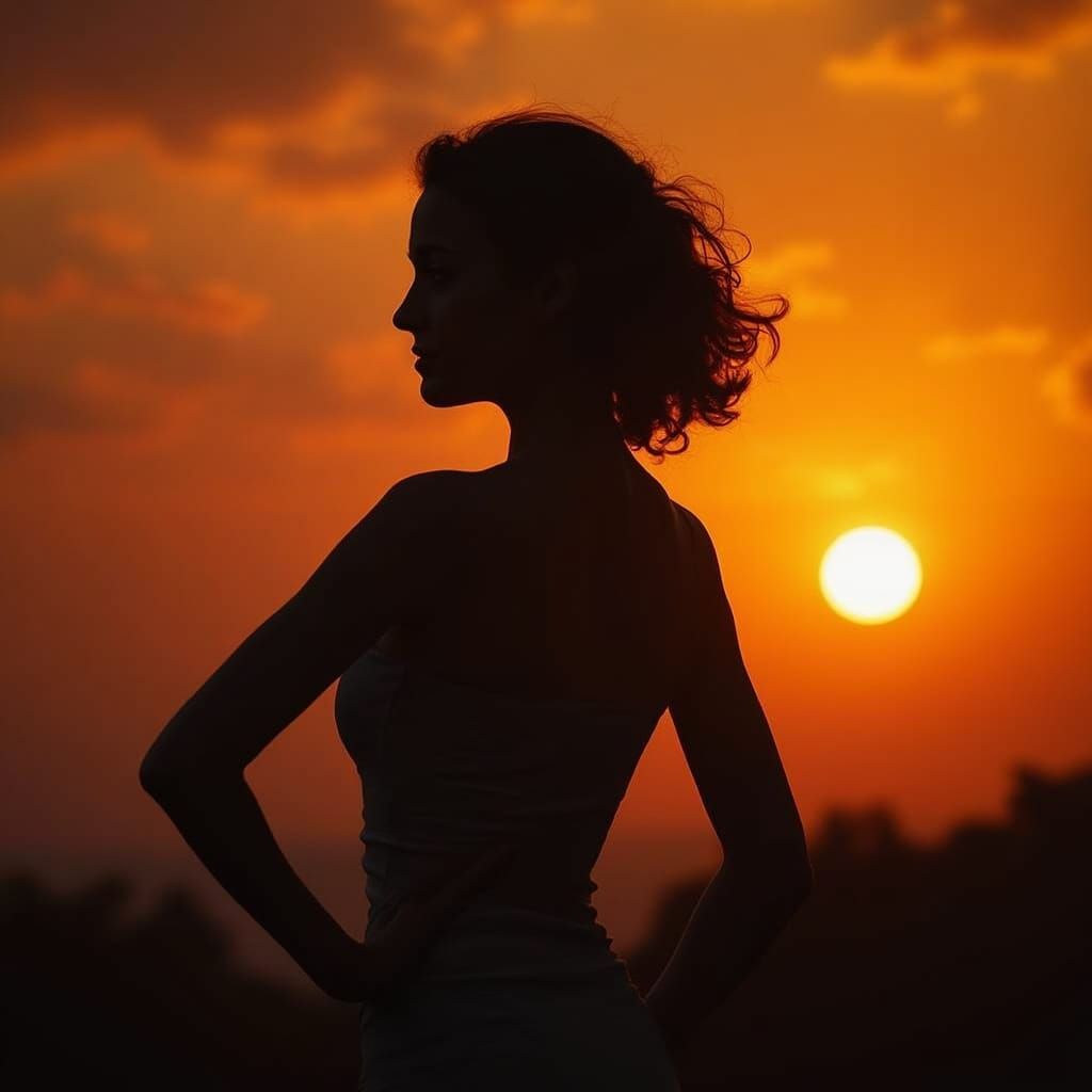 Mysterious Silhouette Figure Against Sunset Sky
