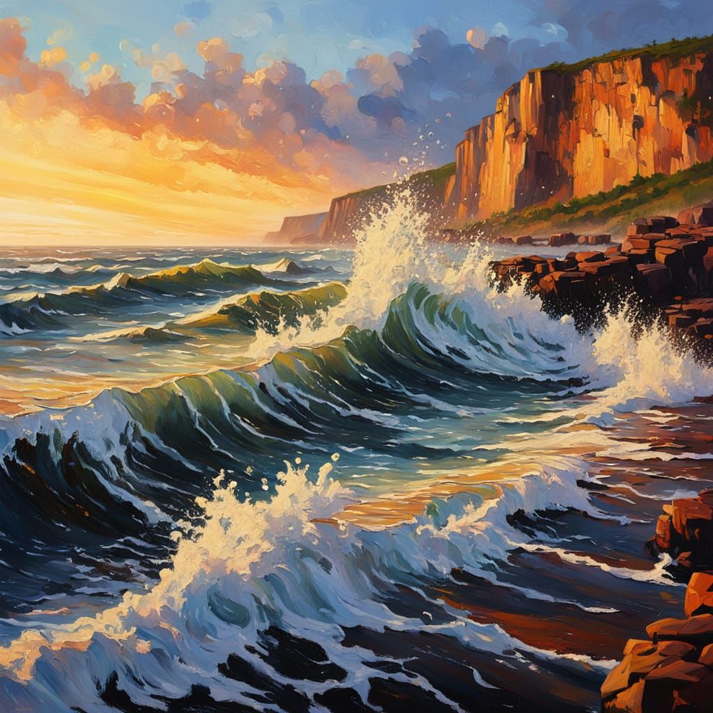 Dramatic Wave Crashes on Cliff in Oil Painting Style