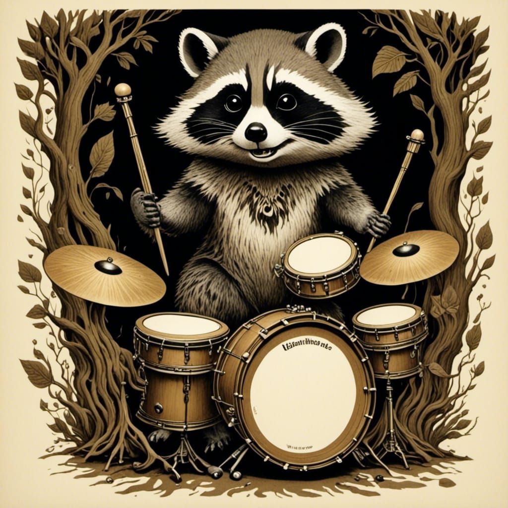 Raccoon Drummer in Woodcut Style