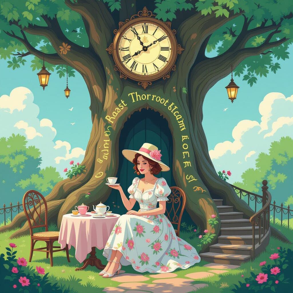 Whimsical Tea Party Under Mystical Clockroot Tree