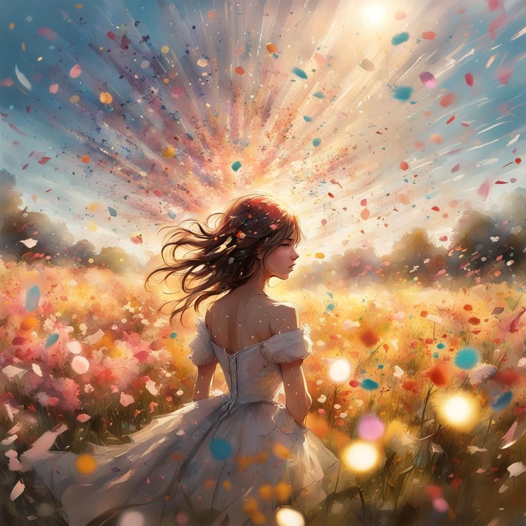 Confetti Flowers Bloom in Sunny Field, Digital Art