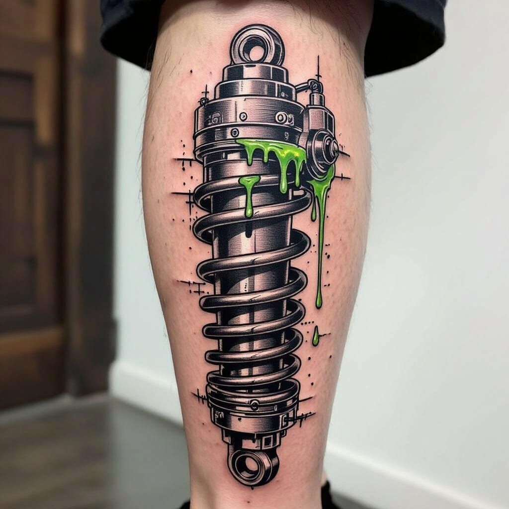 Hydraulic Shock Absorber Tattoo in Gritty Industrial Style