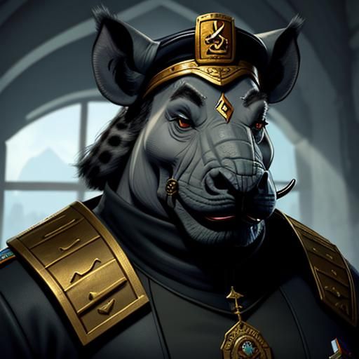 Anthropomorphic Rhinoceros Warden with Golden Horn