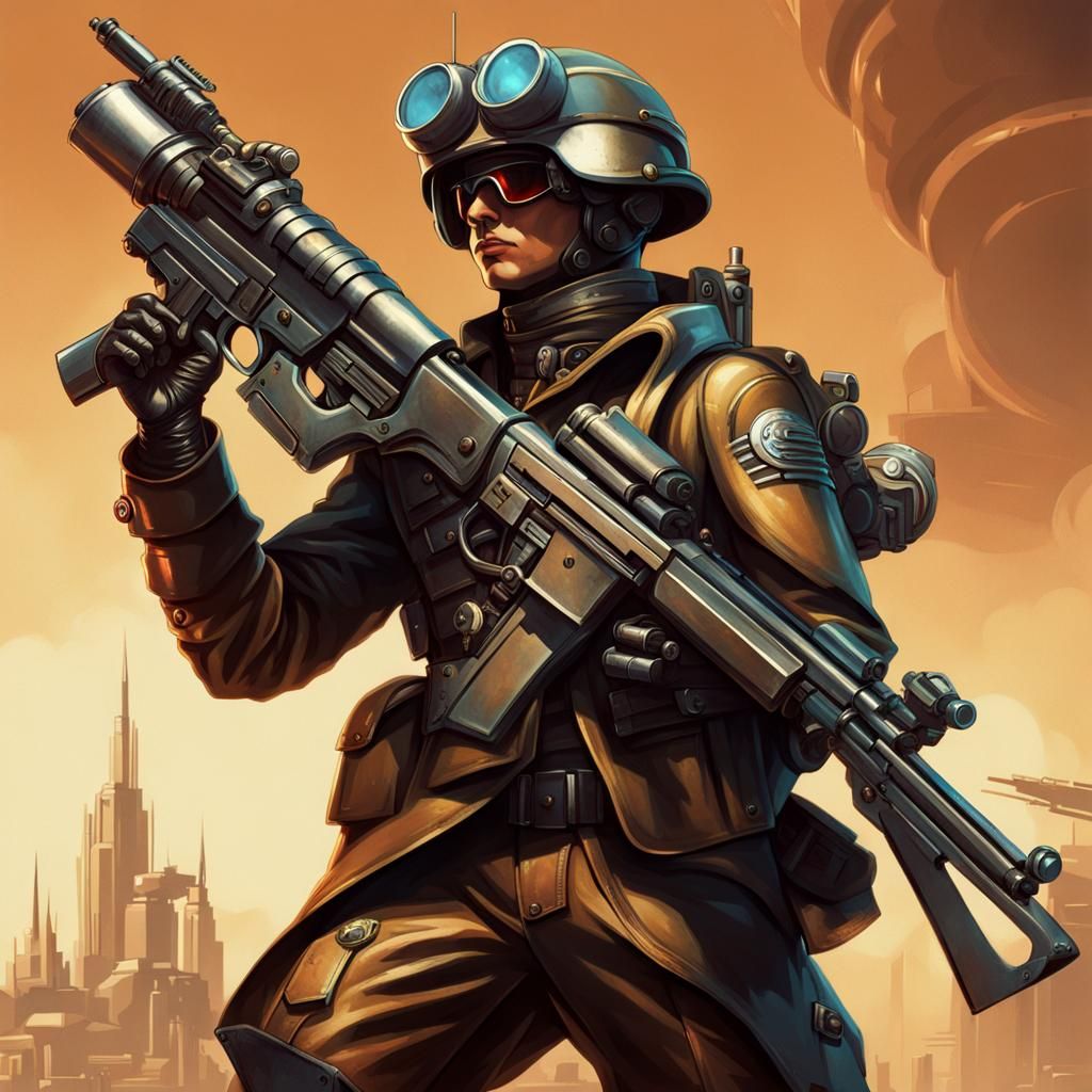 Futuristic Dieselpunk Soldier Armed to the Teeth