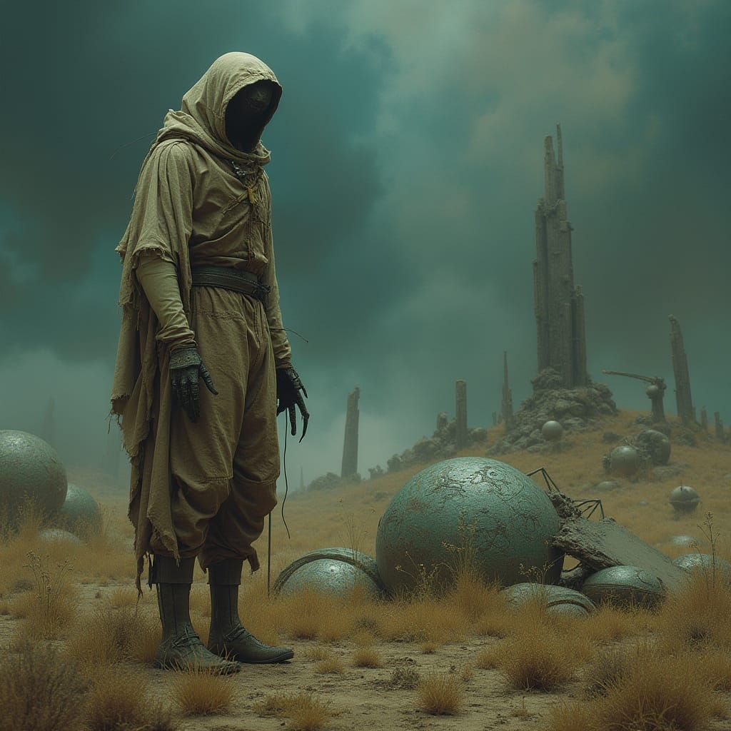 Lone Scarecrow Guardian of Alien Artifacts in Cosmic Landsca...