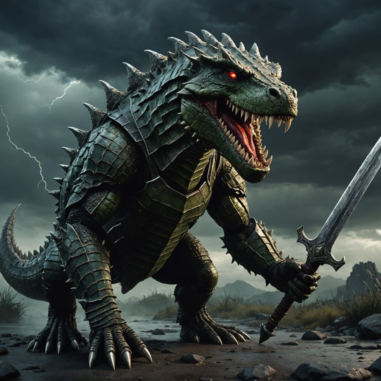 A Hyperrealistic 3D render of a massive, sinister crocodile ...