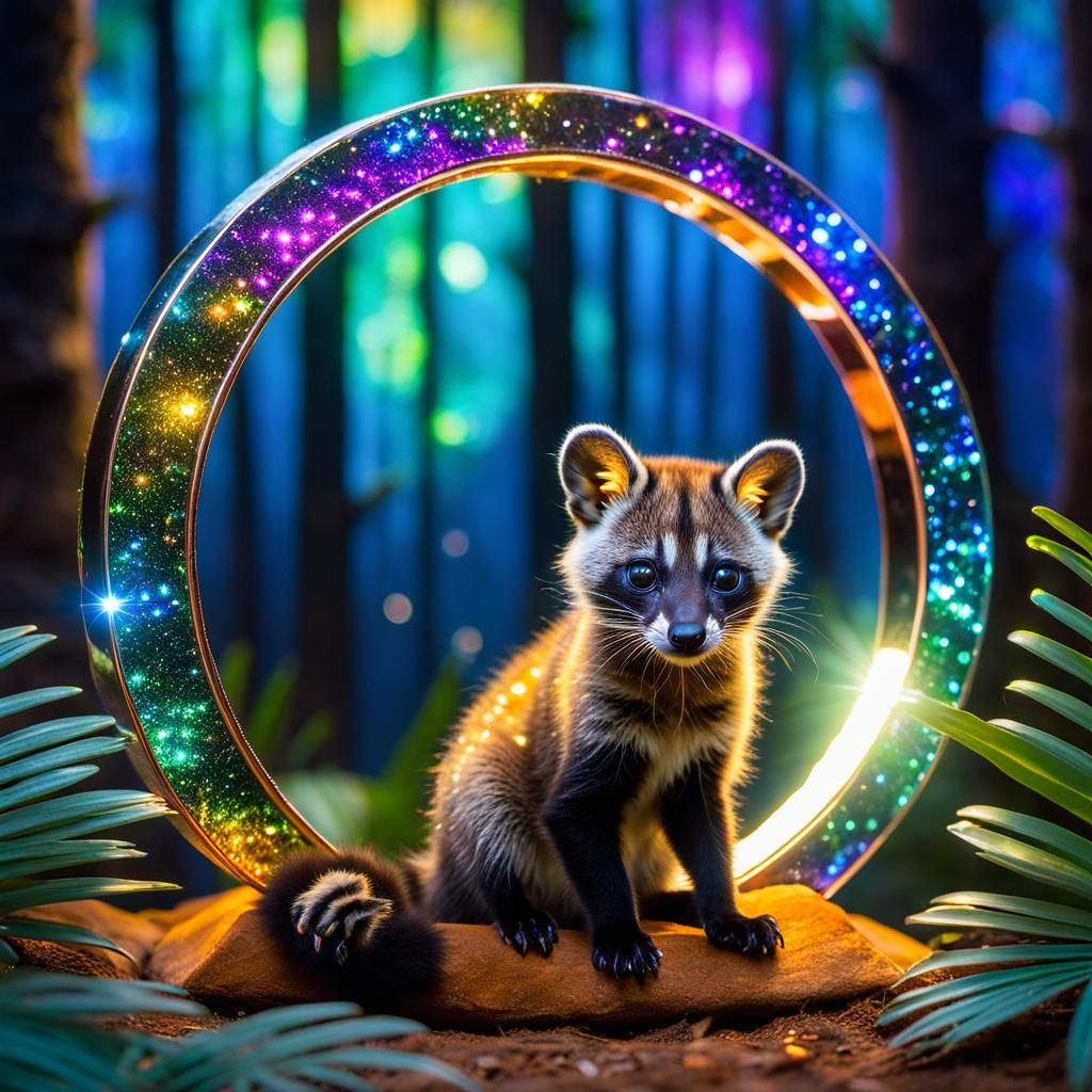 Cosmic Palm Civet in Iridescent Ring: 3D Digital Art