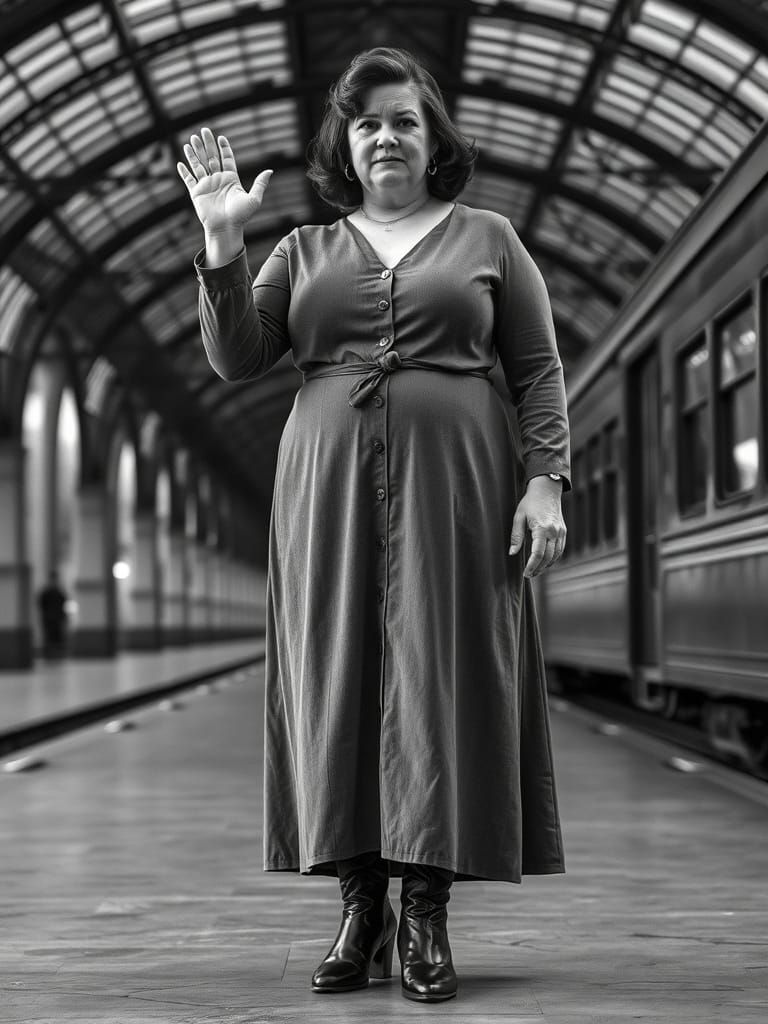 Vintage Portrait of Woman Waving in Train Station