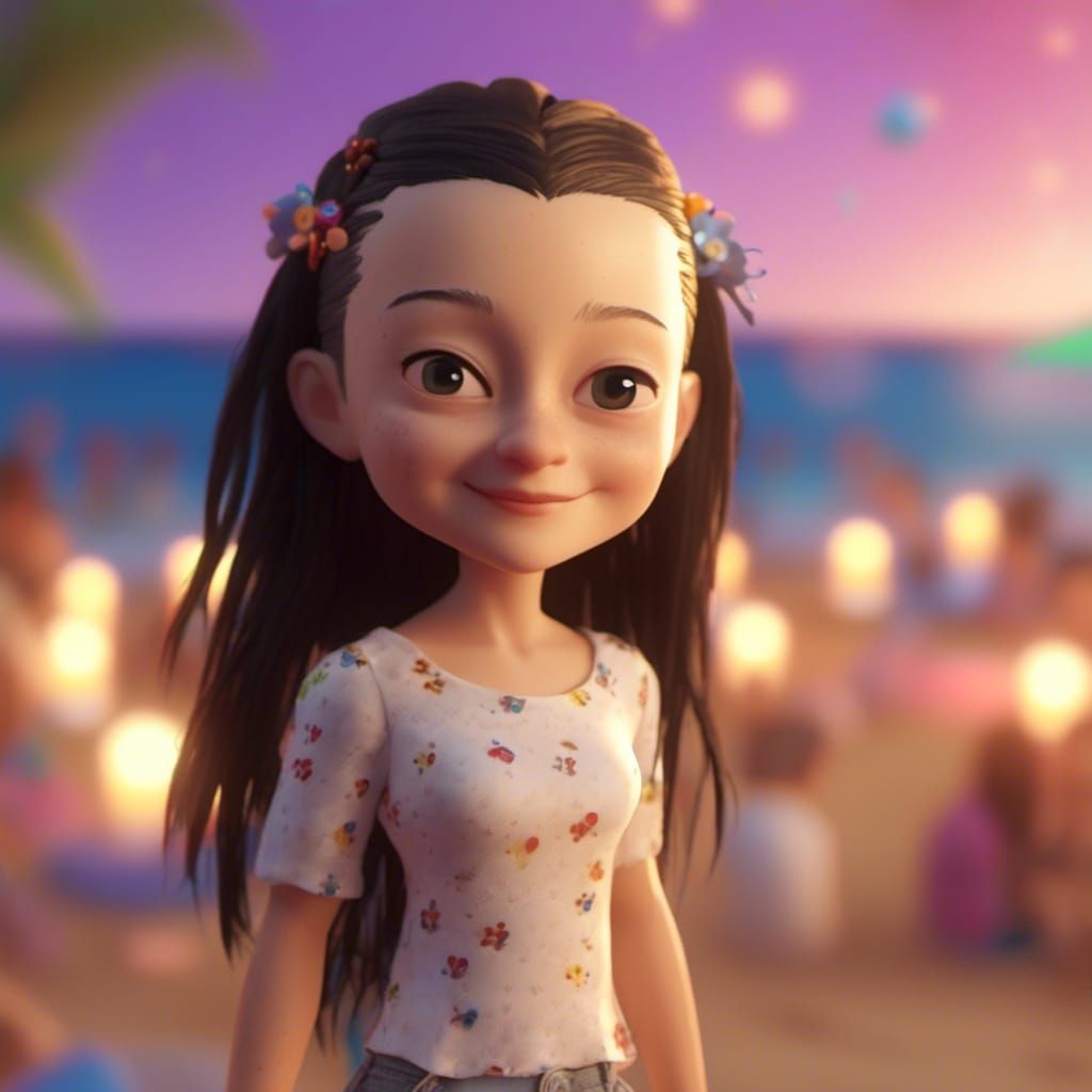 Chibi Anime Character at Beach Party in 3D