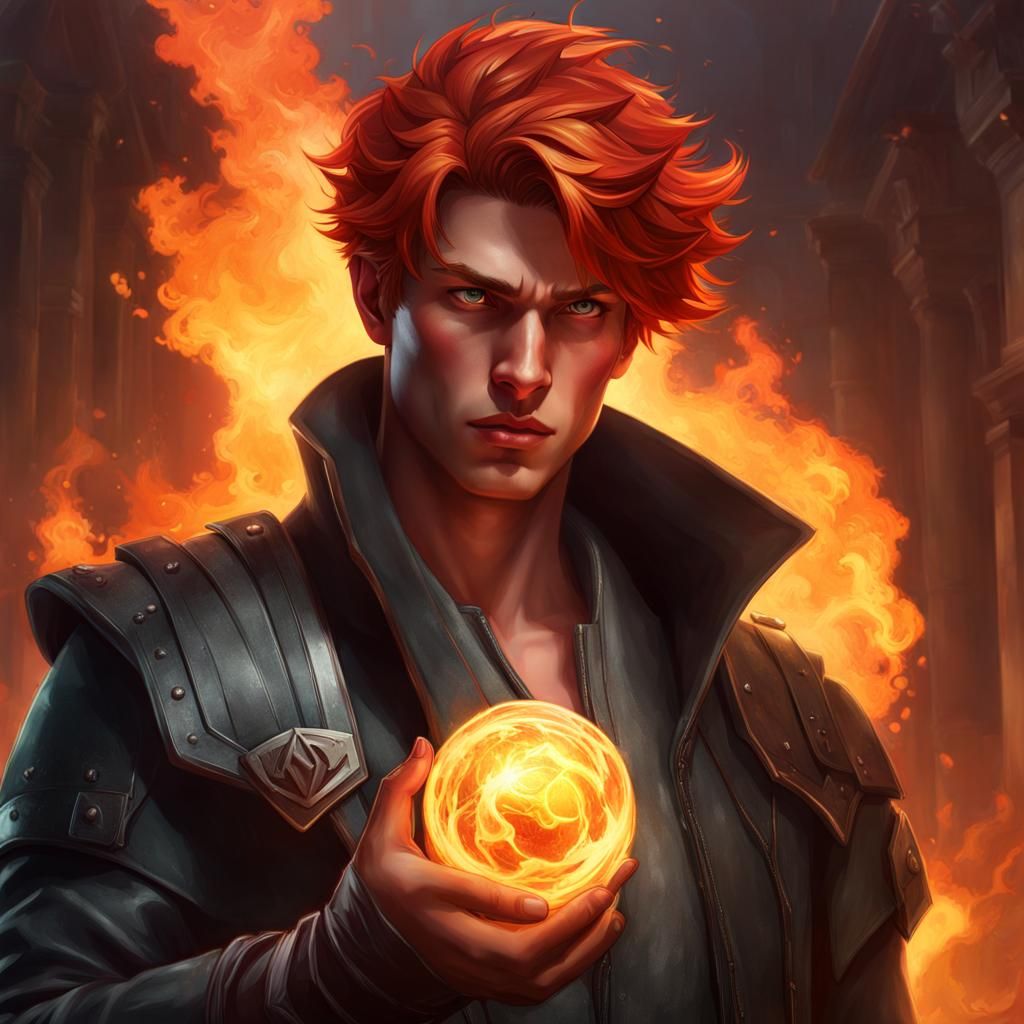 Red-Haired Rogue Wields Fireball: Detailed Portrait