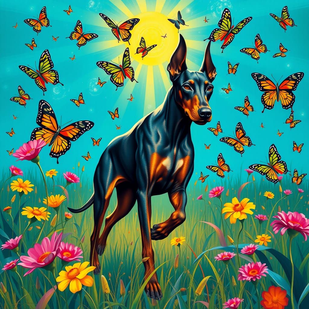 Vibrant Doberman in Whimsical Field of Iridescent Butterflie...