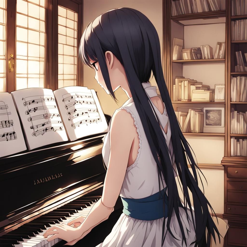 Anime Piano Girl in Japanese Manga Style