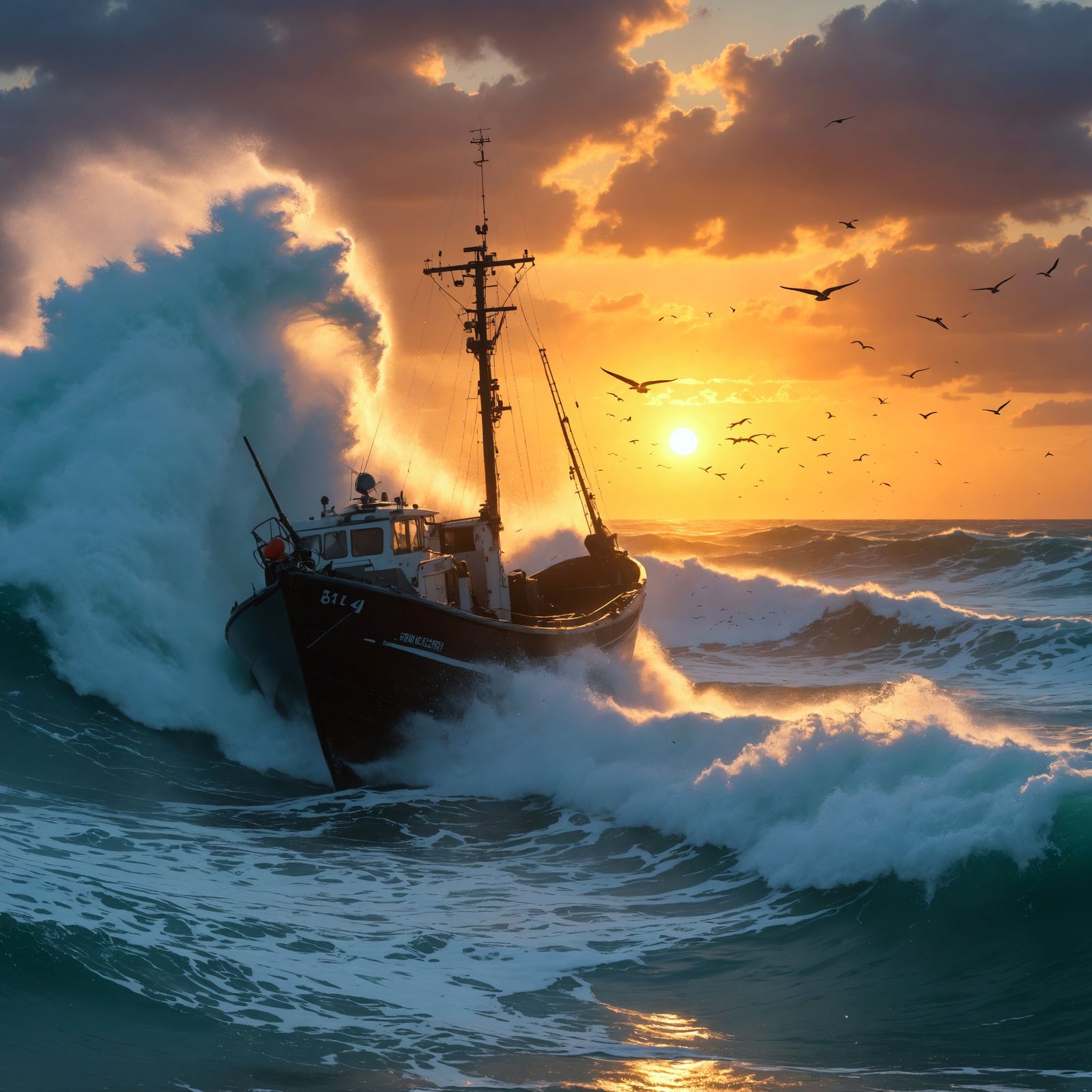 Fishing Boat Versus Giant Waves at Sunrise