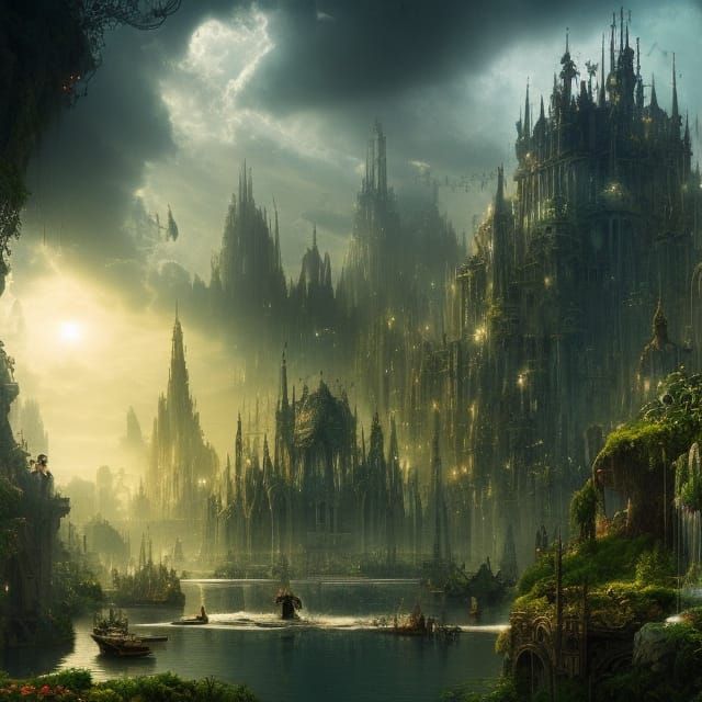 Futuristic City with Floating Gardens: Digital Matte Paintin...