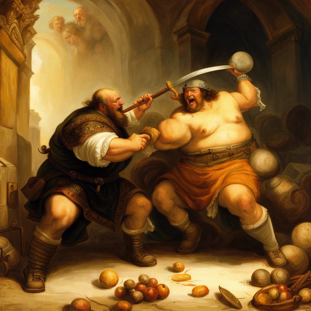 Humorous Fight Scene in Rembrandt Style