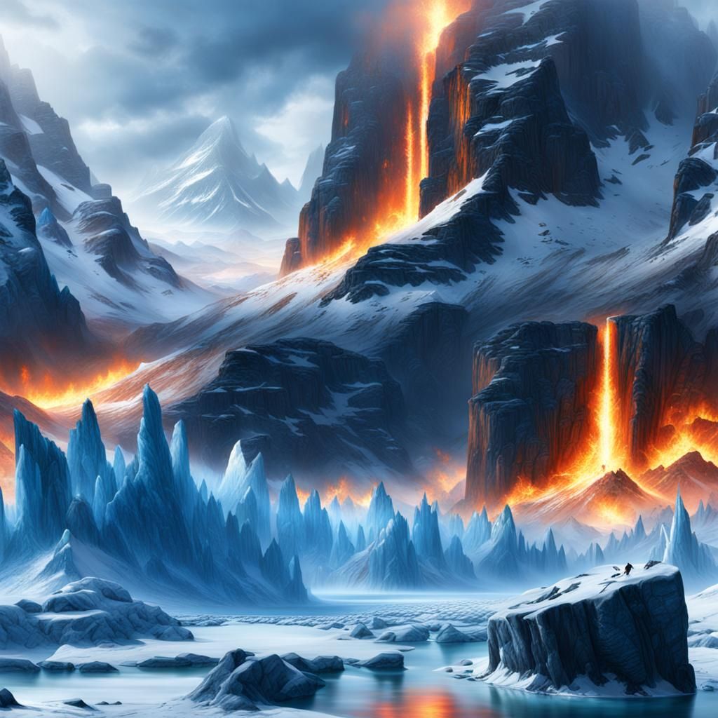 Detailed Matte Painting of Fire and Ice