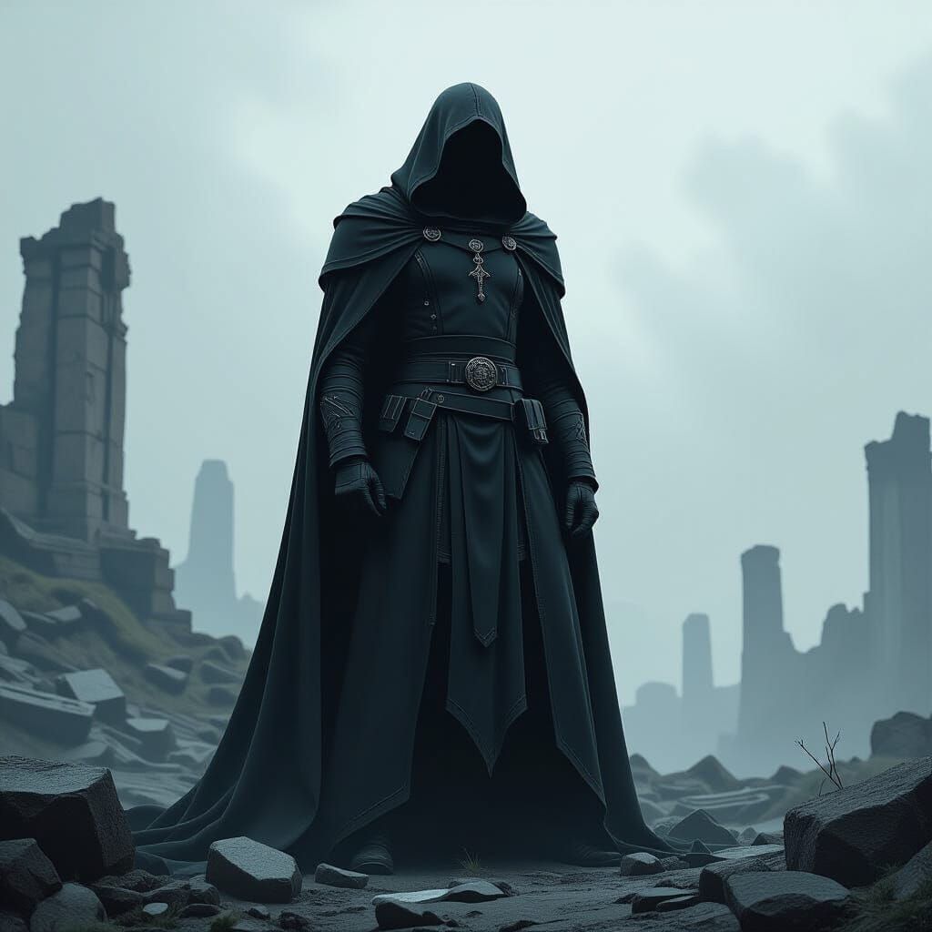 Ominous Figure Overlooks Dystopian Ruins in Digital Art