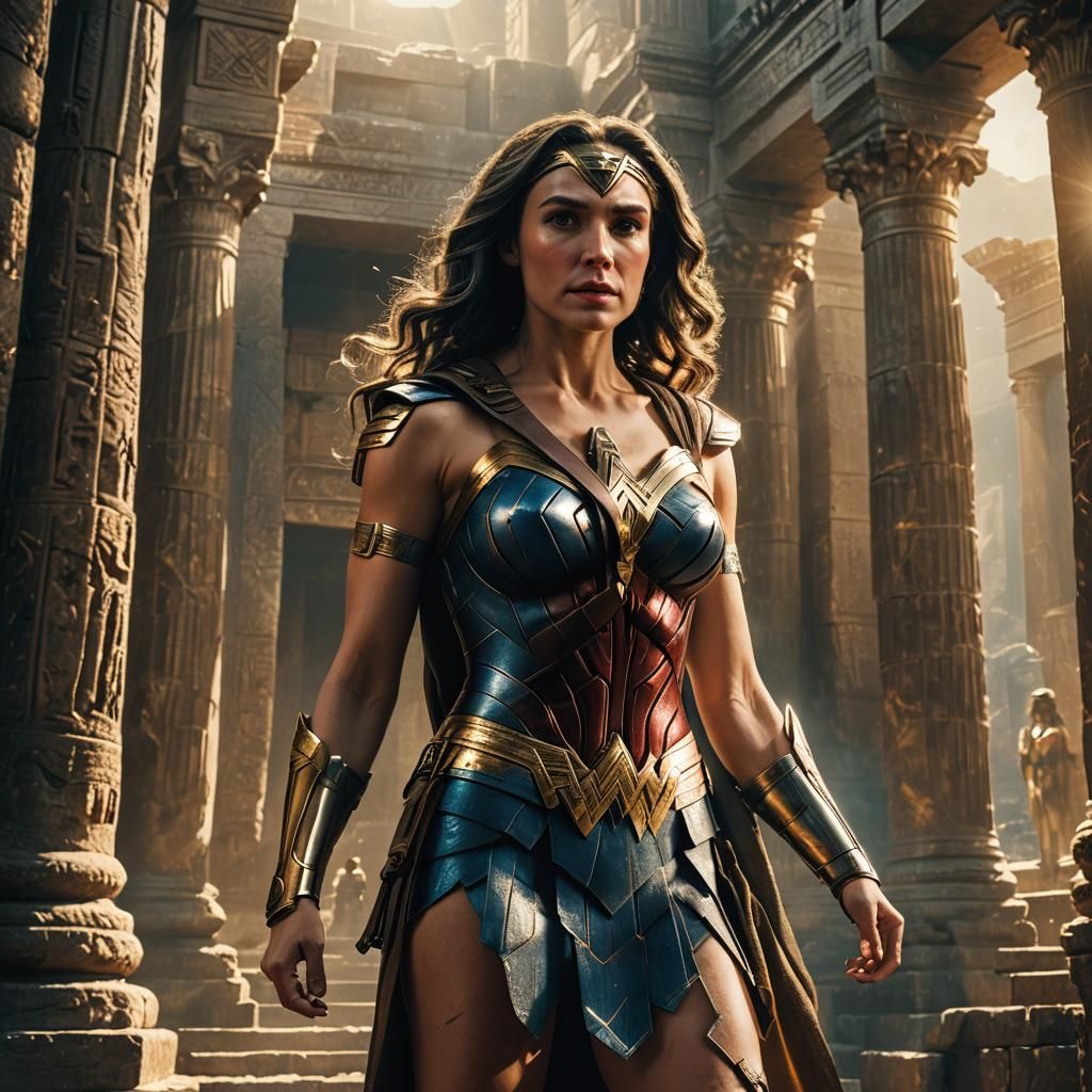 Wonder Woman in Ancient Temple: Photorealistic Concept Art
