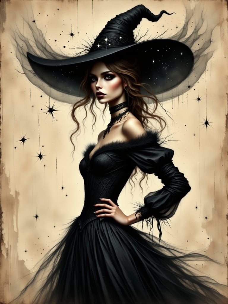 Elegant Gothic Witch in Style of Alphonse Mucha