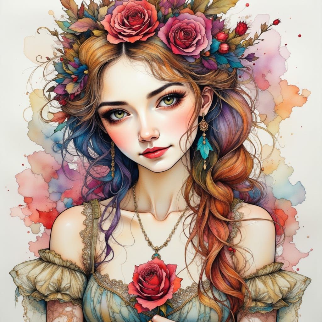 Belle with Rose: Detailed Ink and Alcohol Drawing