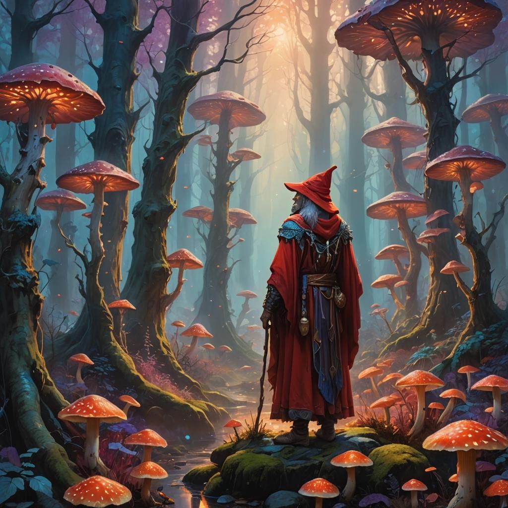 Red-Robed Druid in Mystical Forest: Fantasy Concept Art