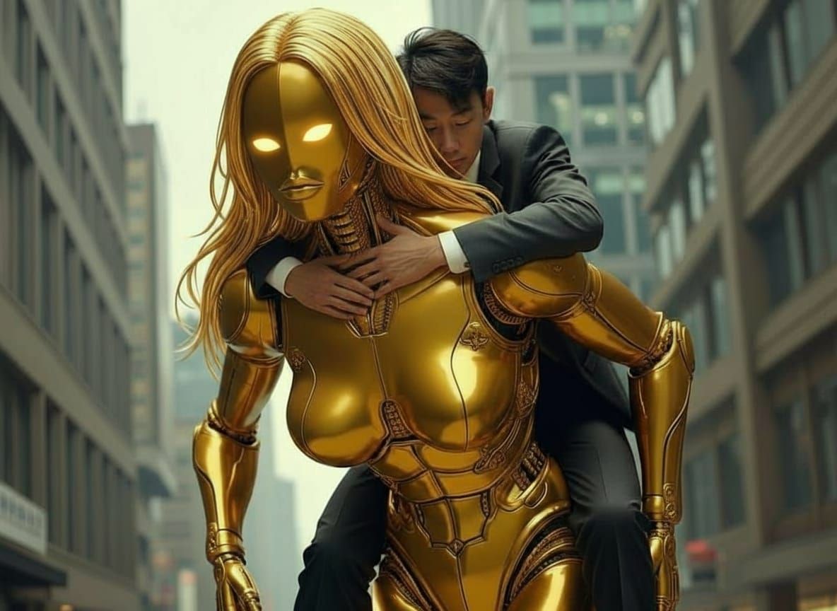 Gold Gynoid Carries Businessman in Tokyo Office, Sorayama St...