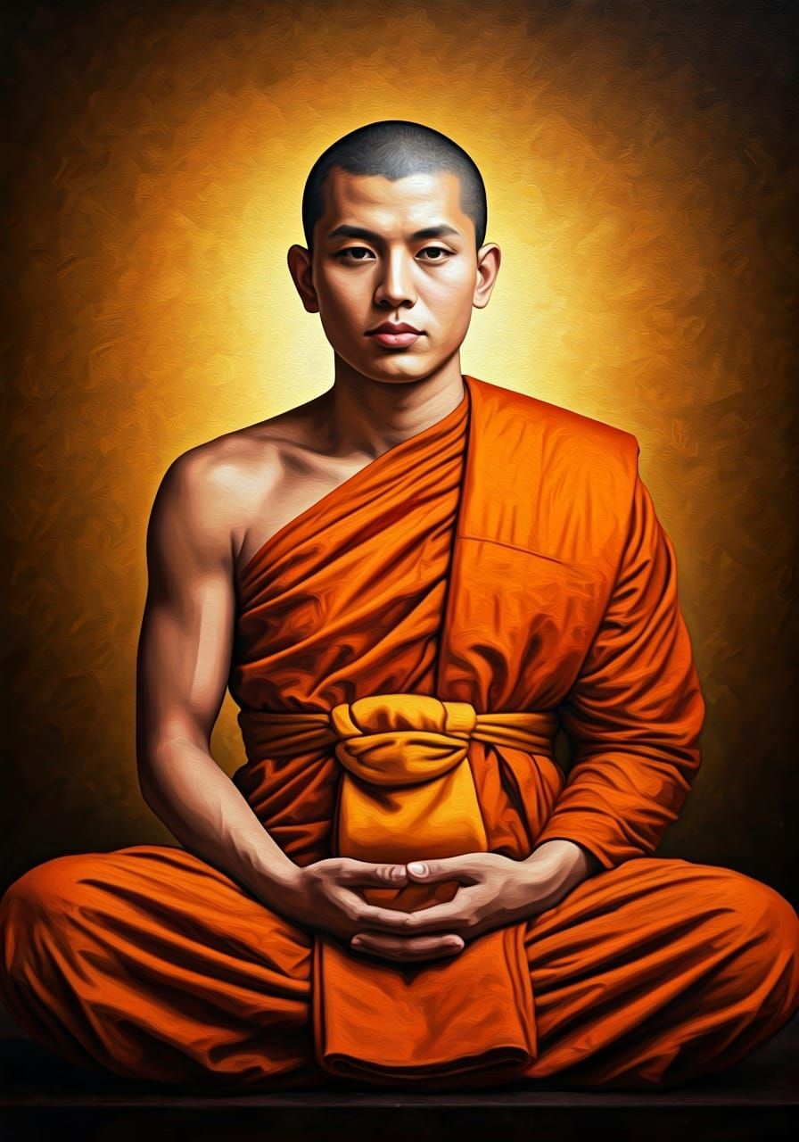Contemplative Buddhist Monk in Golden Light, Oil Painting