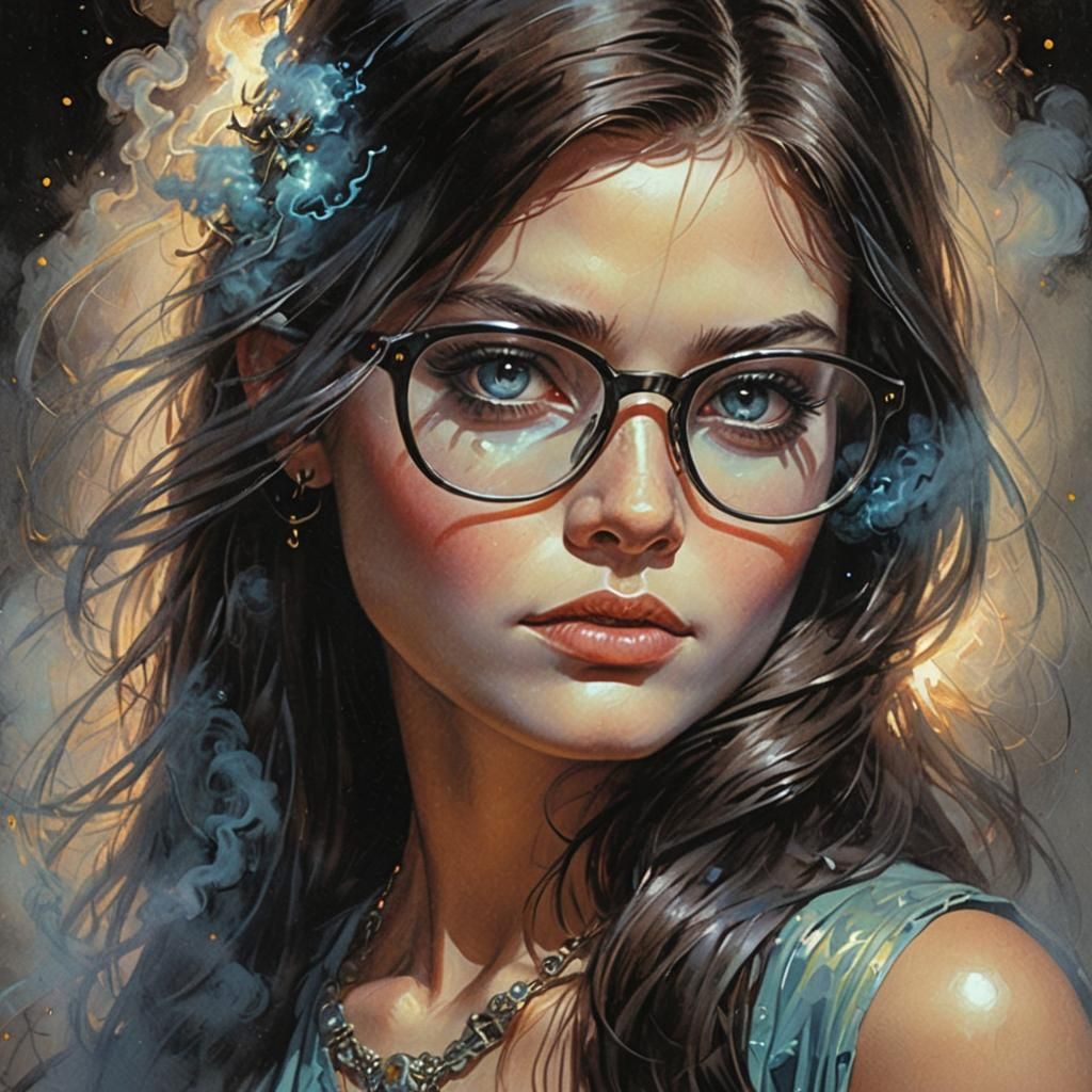 Brunette in Iridescent Mist: Dark Fantasy Portrait
