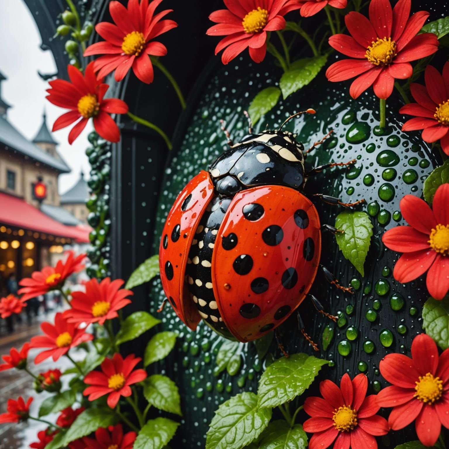 Intricate Alien Ladybug Hiding Under Red Flower