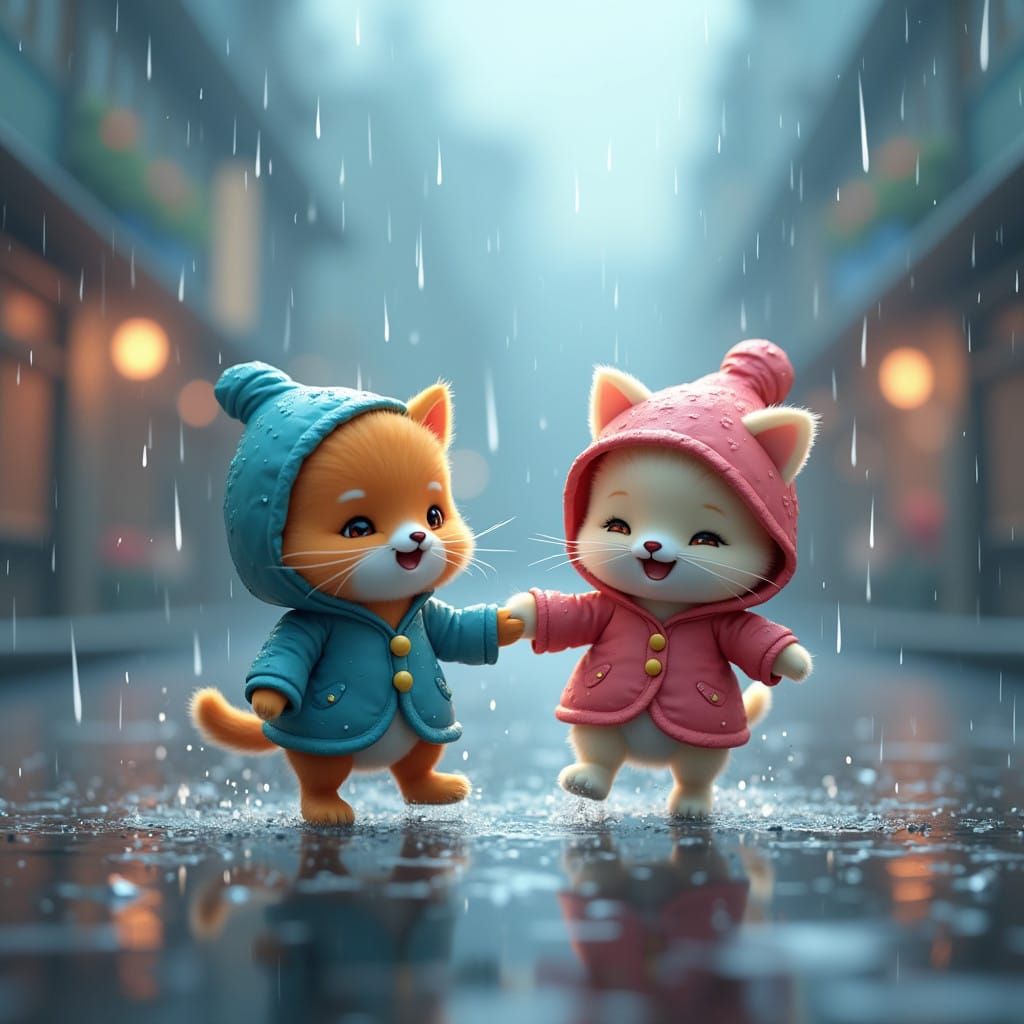 Whimsical Feline and Canine Friends Dance in the Rainy City