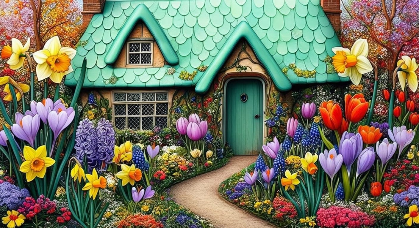 Whimsical English Cottage in Vibrant Spring Bloom