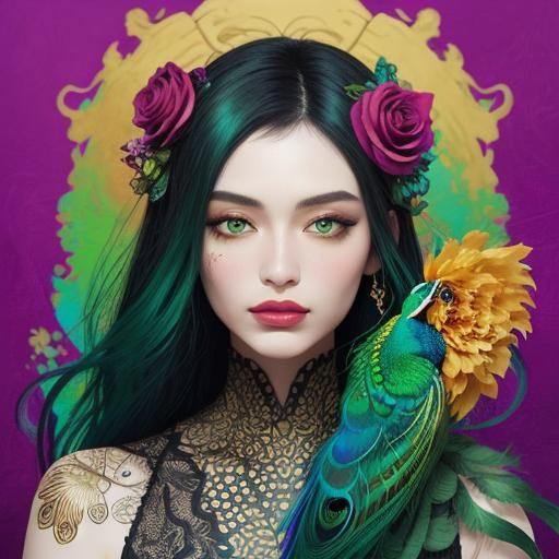 Abstract Expressionist Portrait: Woman with Peacock Hair