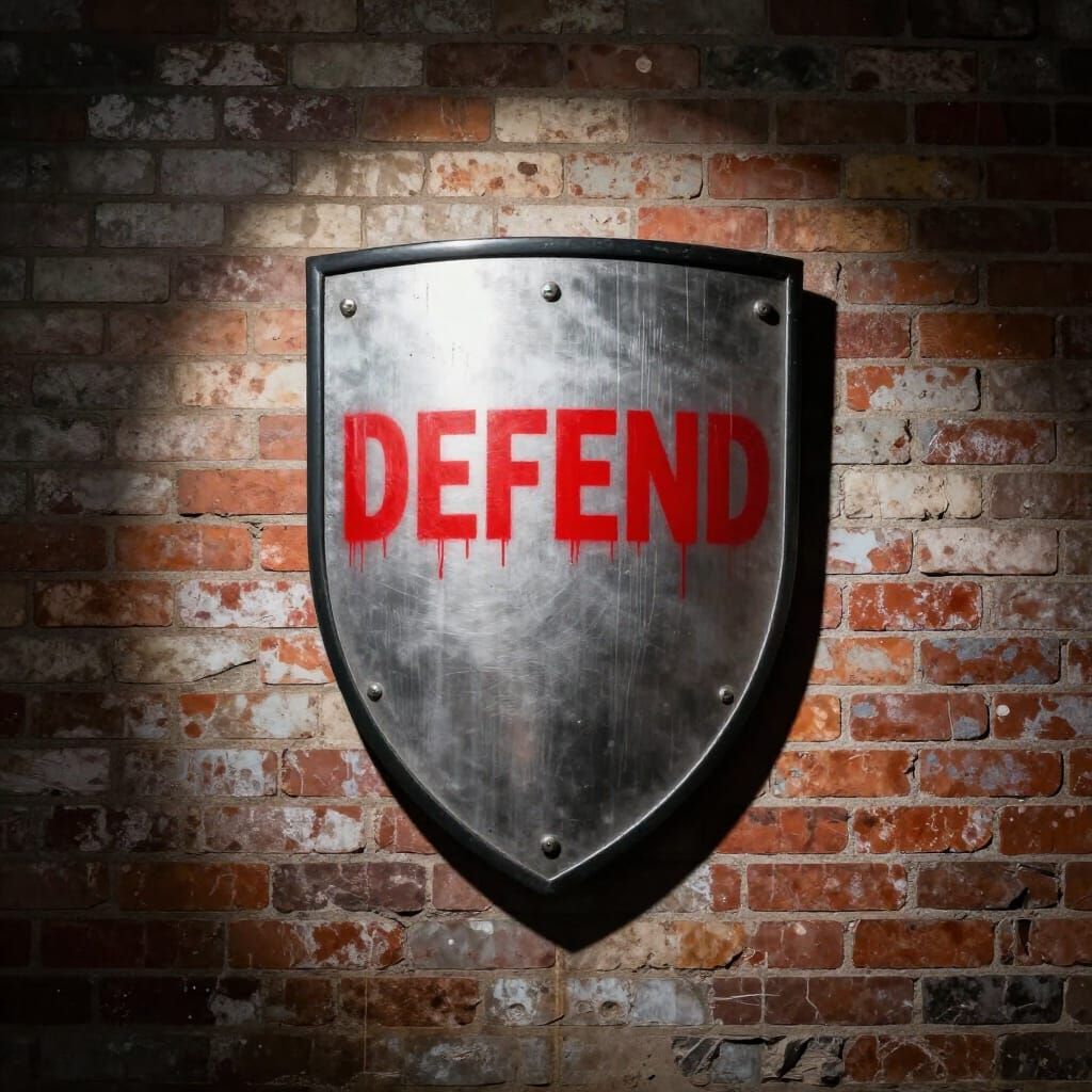 Riot Shield Stencil Art: Defend Message on Brick Wall