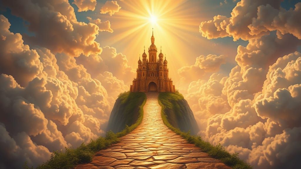 Golden Castle in Celestial Kingdom Amidst Clouds